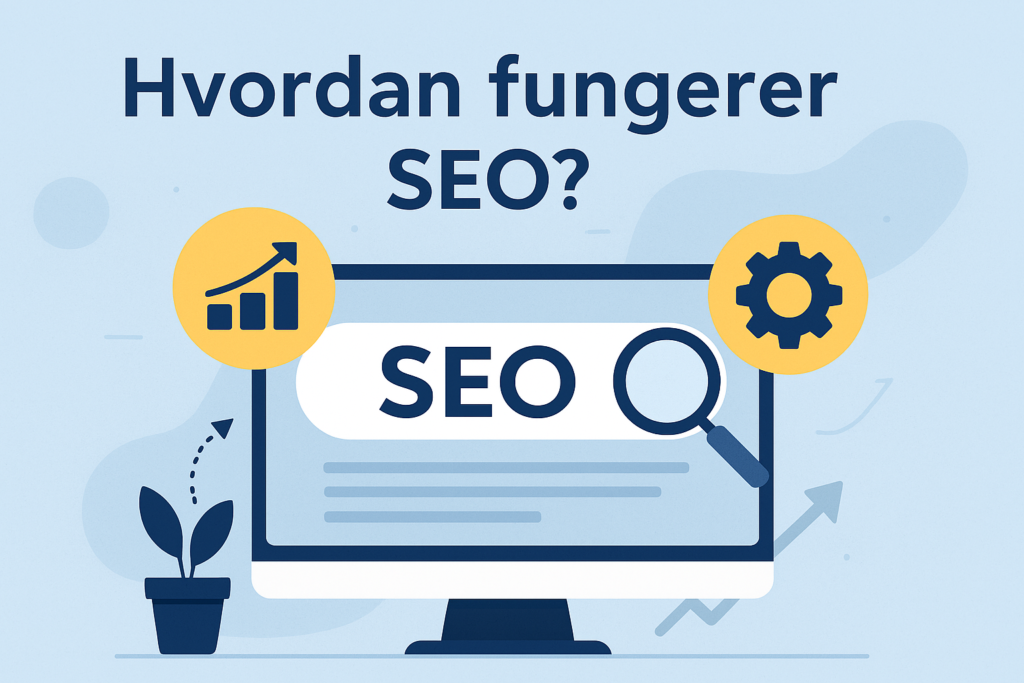 Hvordan fungere SEO? skrevet på i baggruden, mens der i forgruden er et billede af en skærm, en blomst og to gule cirkler