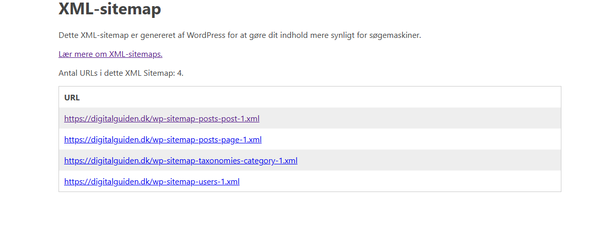 Et eksempel på en sitemap.xml fil